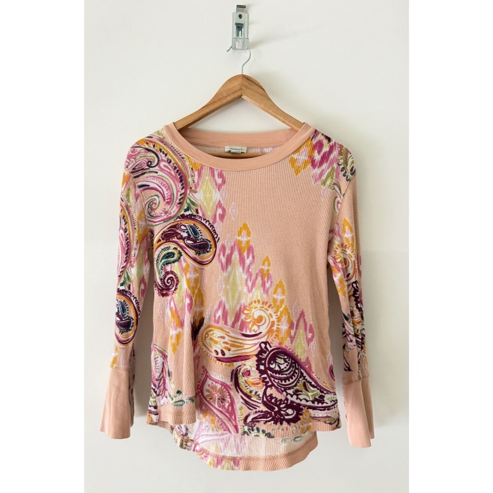 Sundance Thermal Top Womens Large Petite Peach Waffle knit Button Cuff Sleeve
